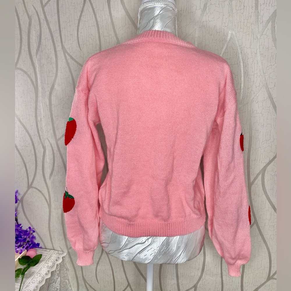 🎀🍓 Pink Knit Whimsical Strawberry Flounce Sleeve Sweater 🍓🎀 NWT - Picture 7 of 10